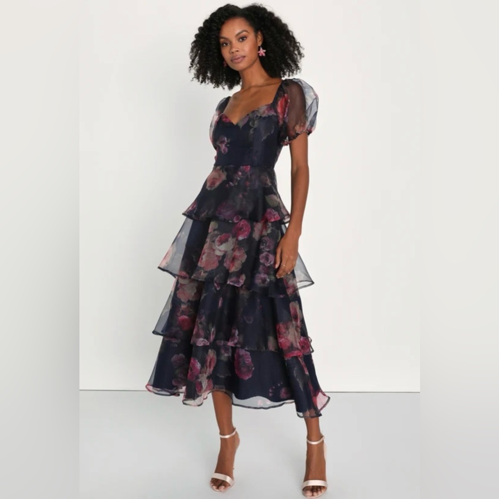 Lulus Oh-So-Stunning Floral Organza Tiered Midi Dress Sz Small NWT